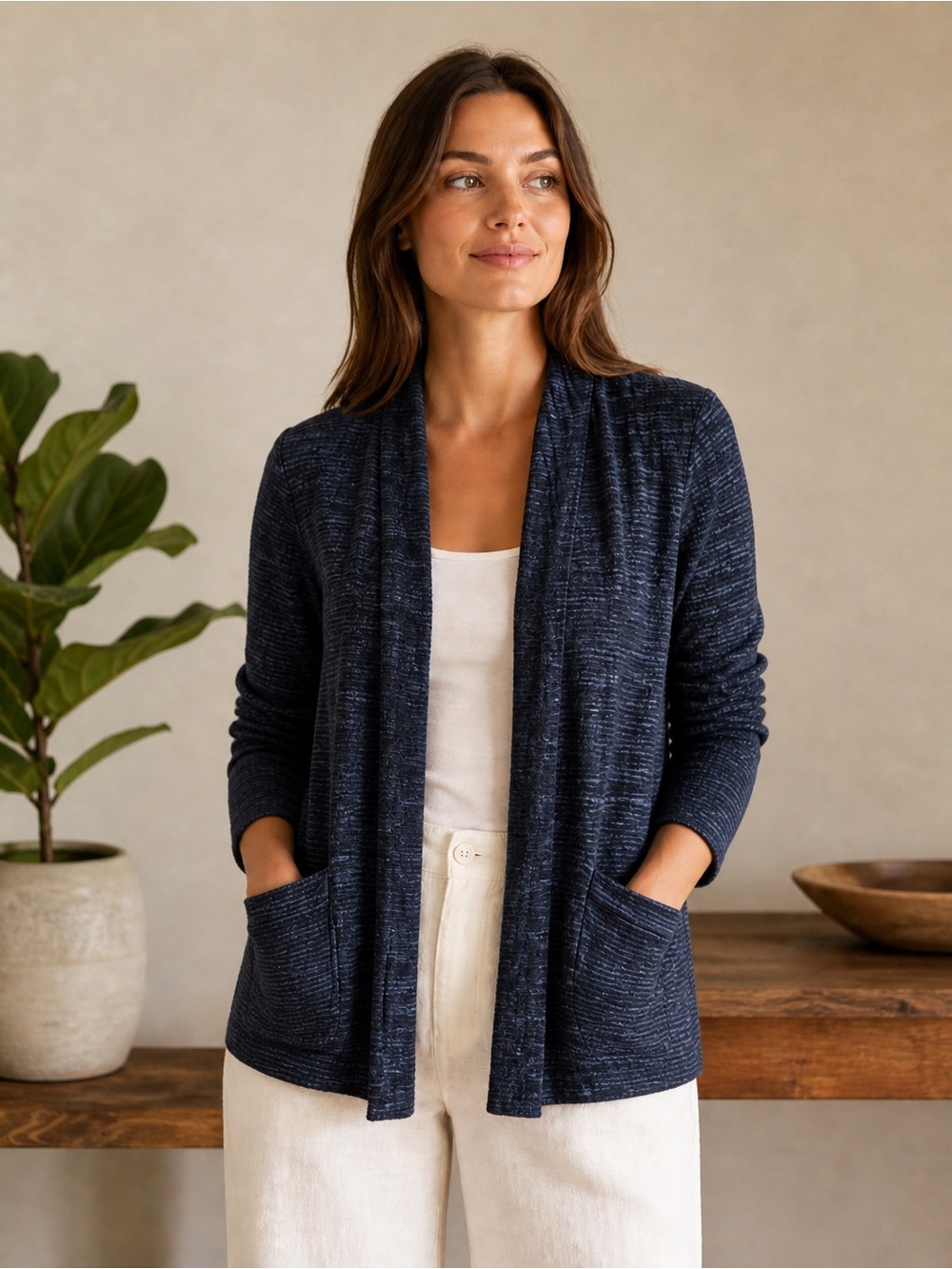Eileen Fisher Slub Knit Open Front Cardigan Textured Navy Blue Blazer XS